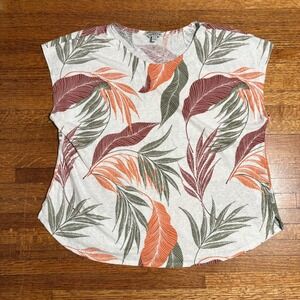 ORVIS Classic Collection Women XL Linen Blend Leaf Print Cap Sleeve Top